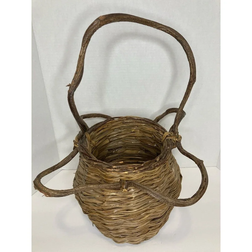 VTG Handmade Rustic Woven Twig Vine Wood Basket Tall Round Primitive Kitsch